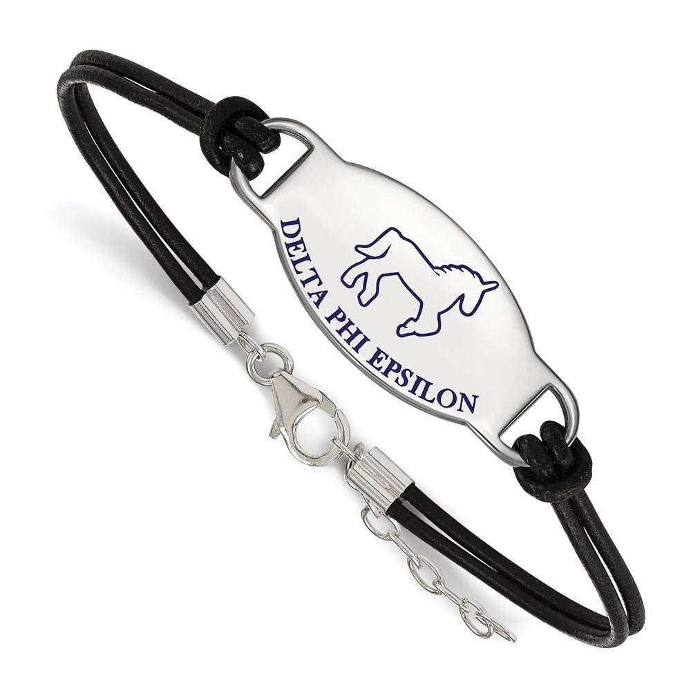 Sterling Silver Delta Phi Epsilon Enamel Blk Leather Bracelet - 7 in., Item B15341 by The Black Bow Jewelry Co.