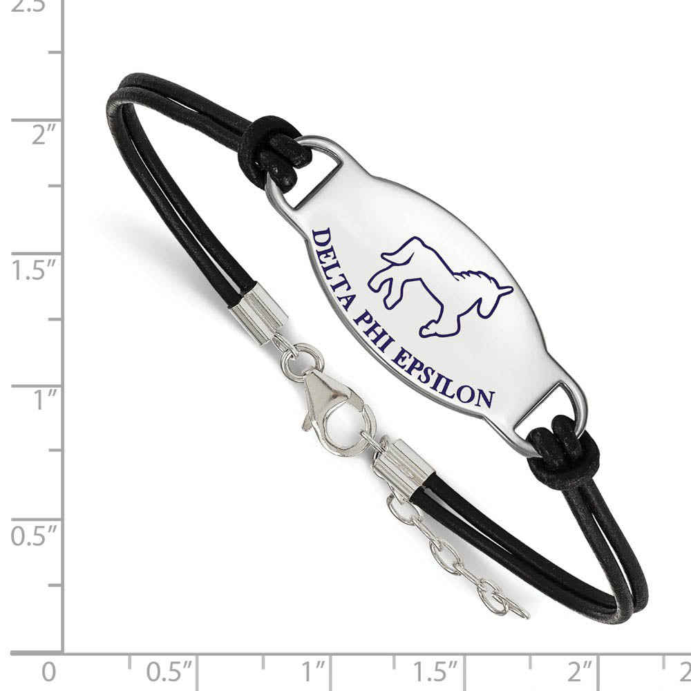 Alternate view of the Sterling Silver Delta Phi Epsilon Enamel Blk Leather Bracelet - 7 in. by The Black Bow Jewelry Co.