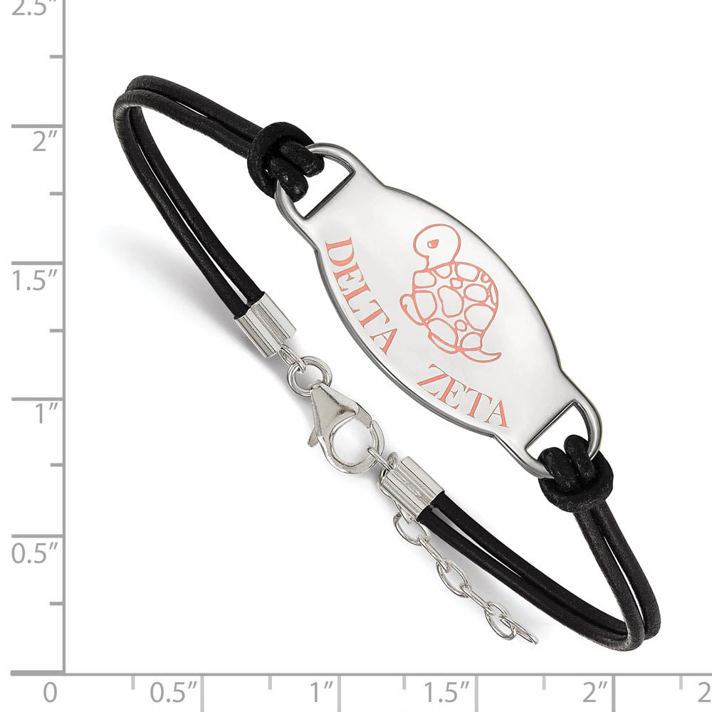 Alternate view of the Sterling Silver Delta Zeta Enamel Black Leather Bracelet - 7 in. by The Black Bow Jewelry Co.