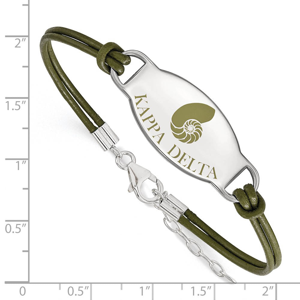 Alternate view of the Sterling Silver Kappa Delta Enamel Olive Leather Bracelet - 7 in. by The Black Bow Jewelry Co.
