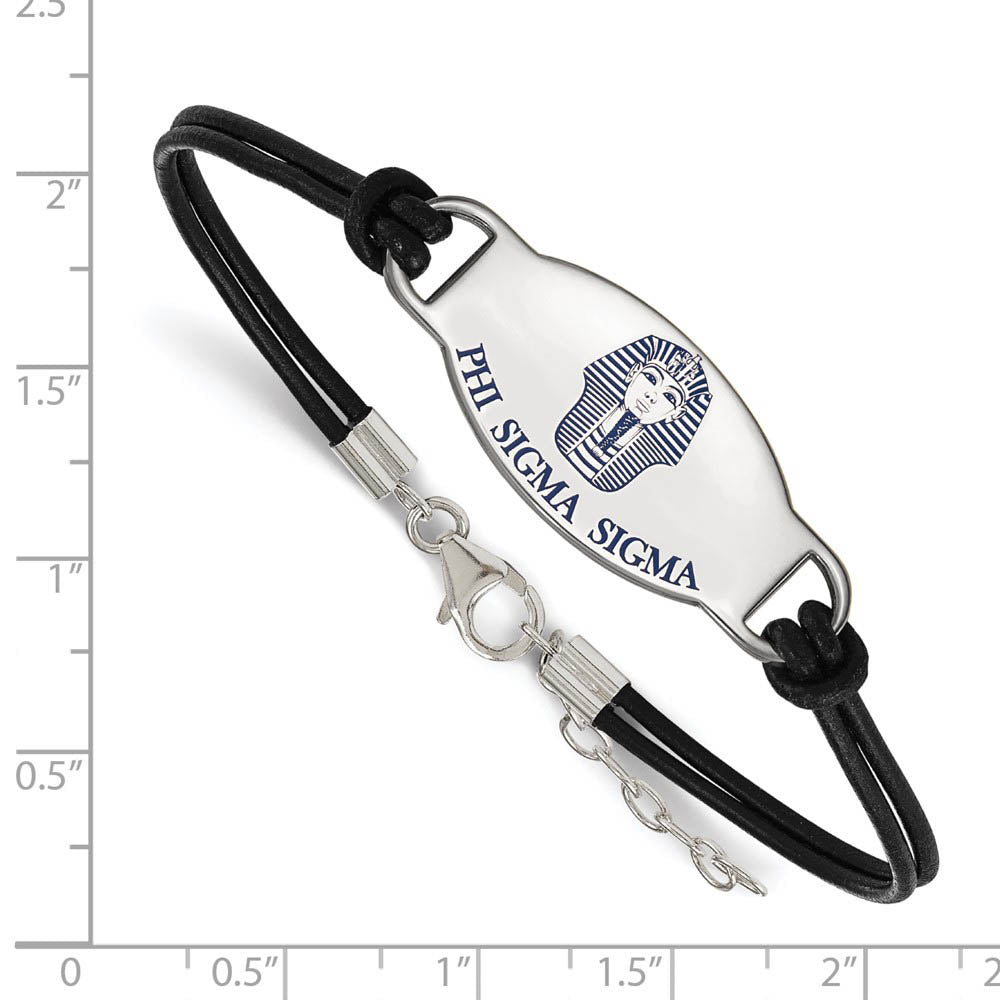 Alternate view of the Sterling Silver Phi Sigma Sigma Enamel Black Leather Bracelet - 7 in. by The Black Bow Jewelry Co.