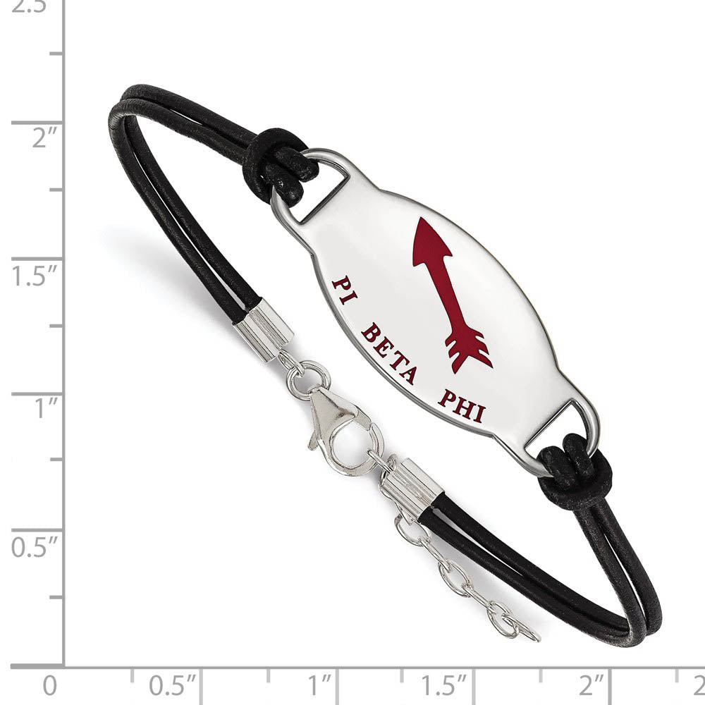 Alternate view of the Sterling Silver Pi Beta Phi Enamel Black Leather Bracelet - 7 in. by The Black Bow Jewelry Co.