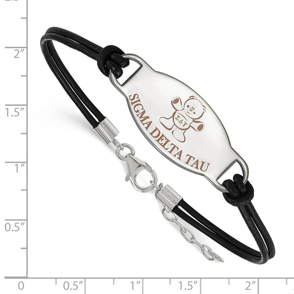 Alternate view of the Sterling Silver Sigma Delta Tau Enamel Black Leather Bracelet - 7 in. by The Black Bow Jewelry Co.