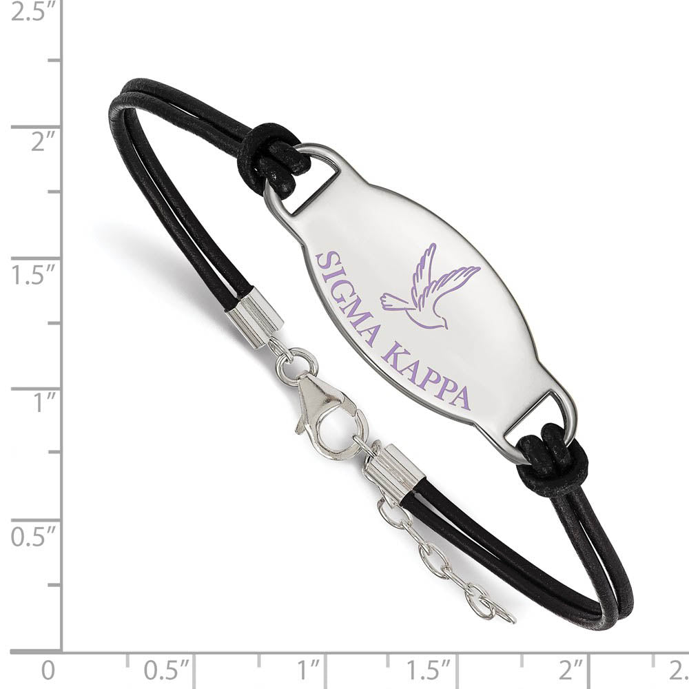 Alternate view of the Sterling Silver Sigma Kappa Enamel Black Leather Bracelet - 7 in. by The Black Bow Jewelry Co.
