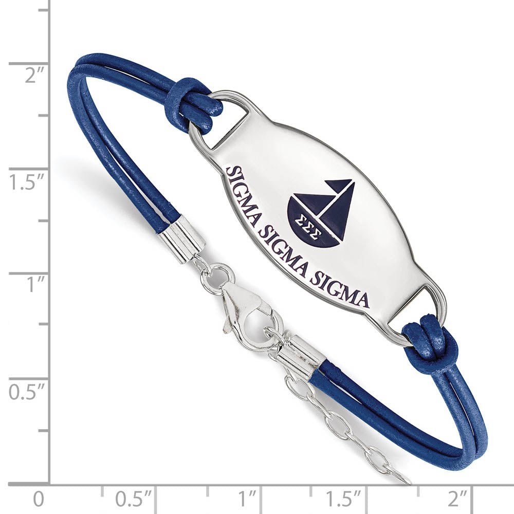 Alternate view of the Sterling Silver Sigma Sigma Sigma Enamel Blue Leather Bracelet - 7 in. by The Black Bow Jewelry Co.