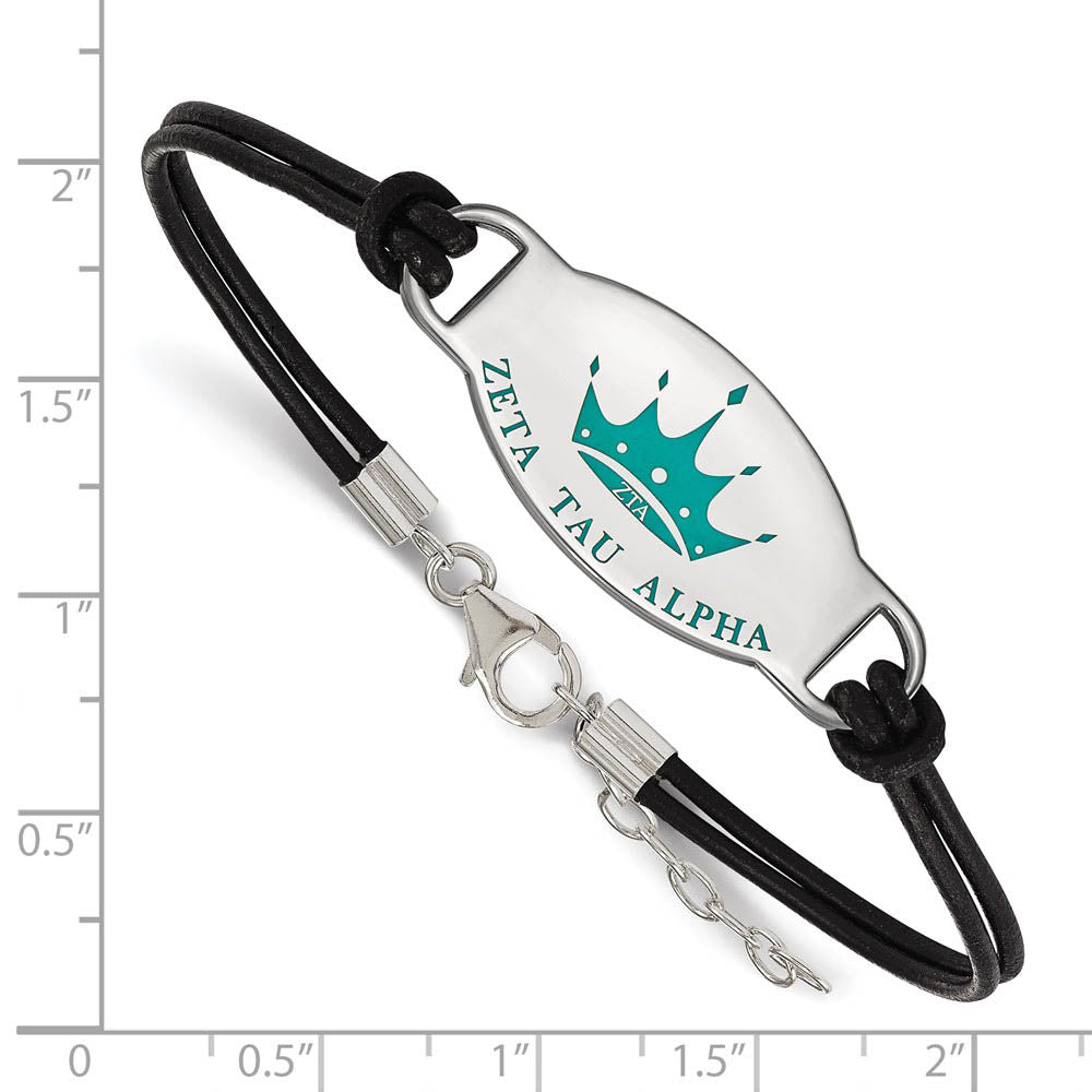 Alternate view of the Sterling Silver Zeta Tau Alpha Enamel Black Leather Bracelet - 7 in. by The Black Bow Jewelry Co.