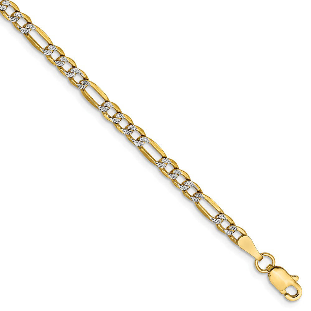 3.25mm 14k Yellow Gold & Rhodium Hollow Pave Figaro Chain Bracelet, Item B15612 by The Black Bow Jewelry Co.