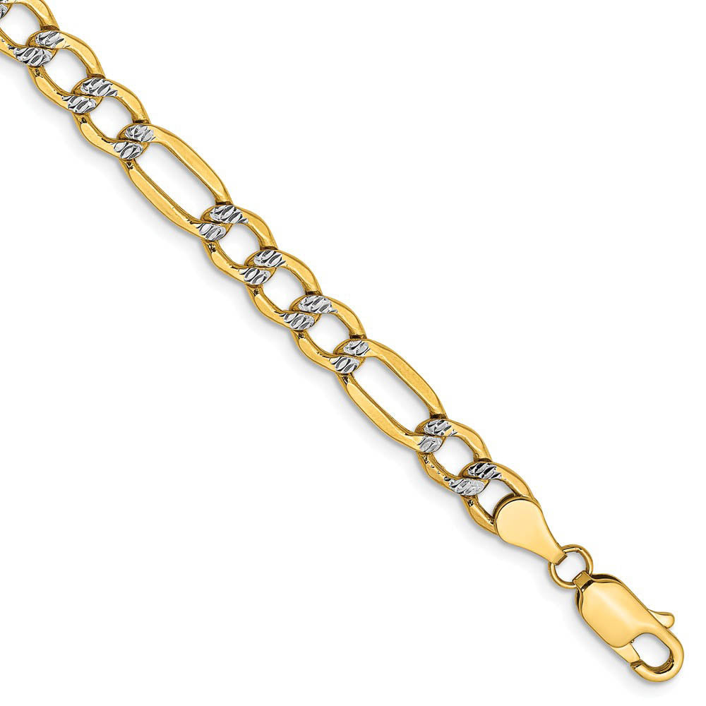 5.25mm 14k Yellow Gold & Rhodium Hollow Pave Figaro Chain Bracelet, Item B15614 by The Black Bow Jewelry Co.