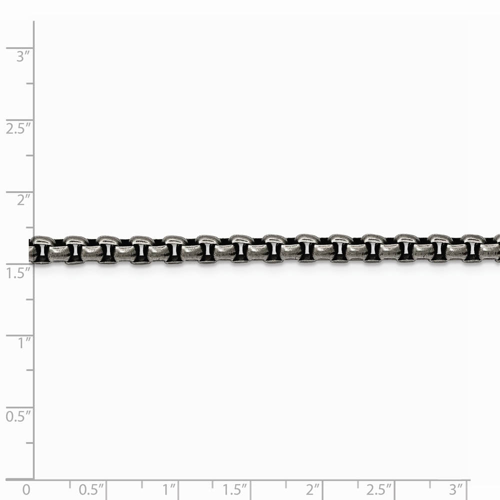 Alternate view of the 4mm Stainless Steel Antiqued Round Box Chain Bracelet, 8.5 Inch by The Black Bow Jewelry Co.