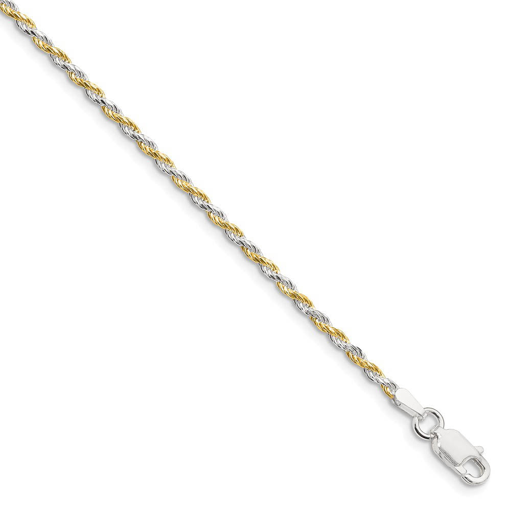 1.8mm Sterling Silver & 10k Yellow Gold Plated D/C Rope Chain Bracelet, Item B15647 by The Black Bow Jewelry Co.