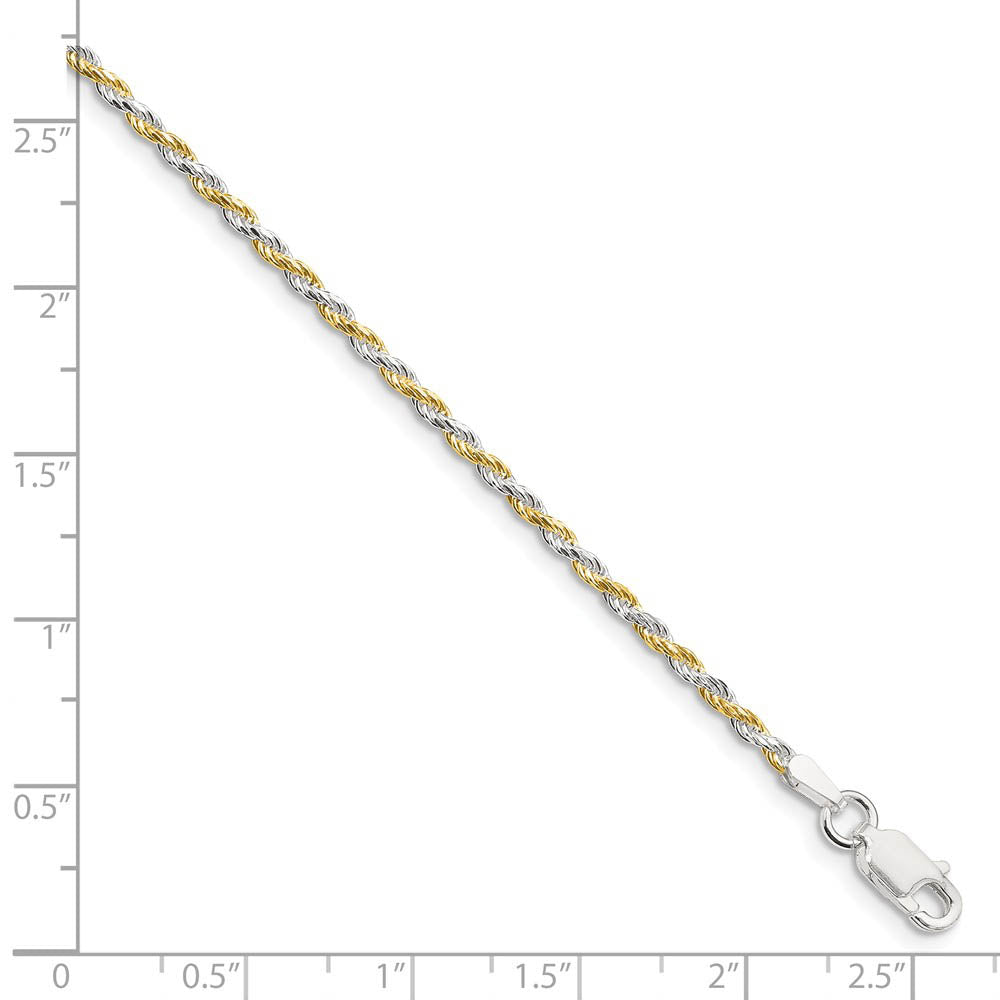 Alternate view of the 1.8mm Sterling Silver & 10k Yellow Gold Plated D/C Rope Chain Bracelet by The Black Bow Jewelry Co.