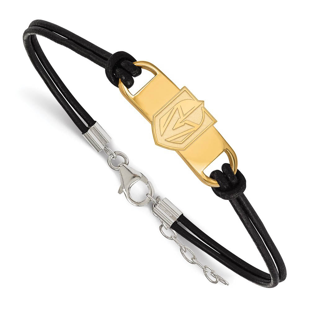 SS 14k Yellow Gold Plated & Leather NHL Golden Knights Adj. Bracelet, Item B15787 by The Black Bow Jewelry Co.