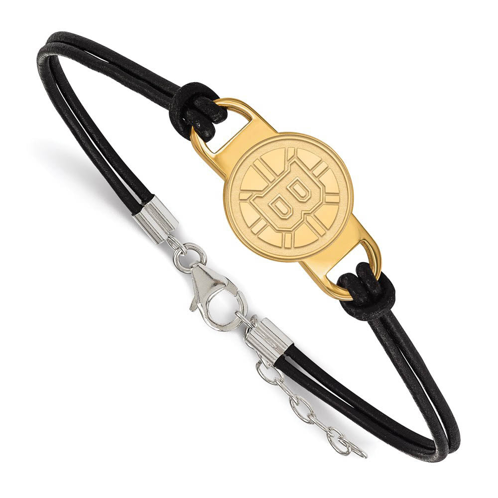 SS 14k Yellow Gold Plated & Leather NHL Boston Bruins Adj. Bracelet, Item B15795 by The Black Bow Jewelry Co.