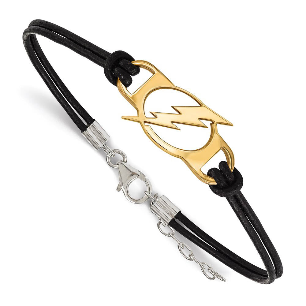 SS 14k Yellow Gold Plated & Leather NHL Tampa Lightning Adj. Bracelet, Item B15797 by The Black Bow Jewelry Co.