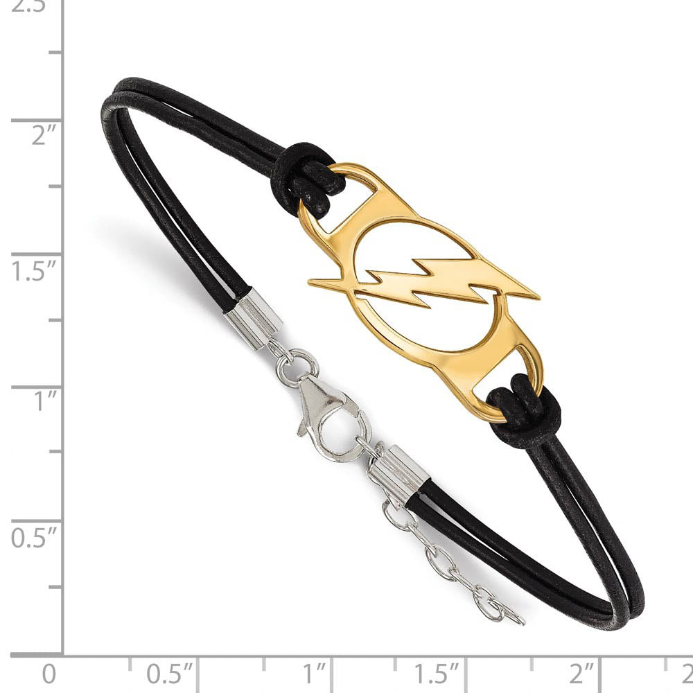 Alternate view of the SS 14k Yellow Gold Plated & Leather NHL Tampa Lightning Adj. Bracelet by The Black Bow Jewelry Co.