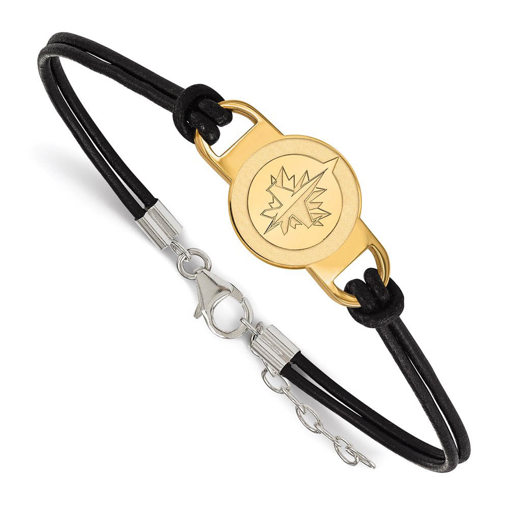SS 14k Yellow Gold Plated & Leather NHL Winnipeg Jets Adj. Bracelet, Item B15804 by The Black Bow Jewelry Co.