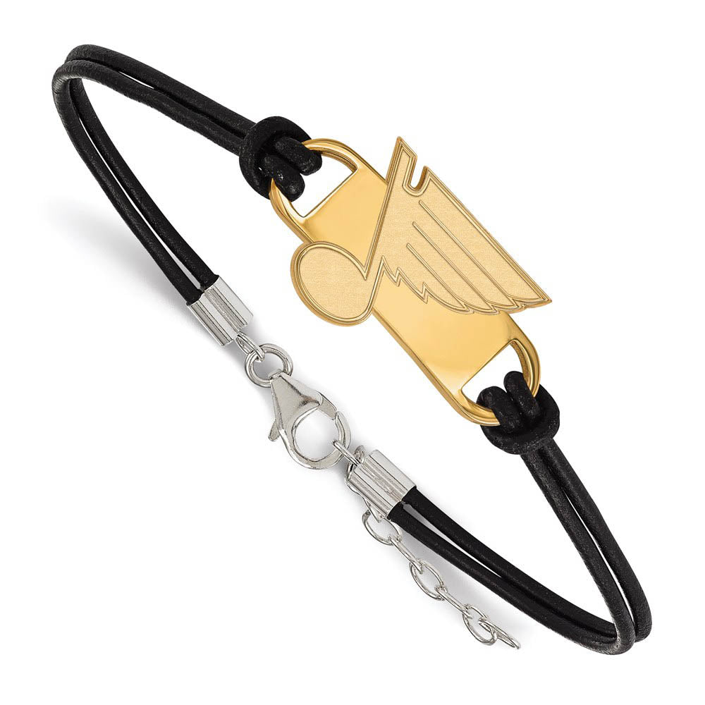 SS 14k Yellow Gold Plated & Leather NHL St. Louis Blues Adj. Bracelet, Item B15806 by The Black Bow Jewelry Co.