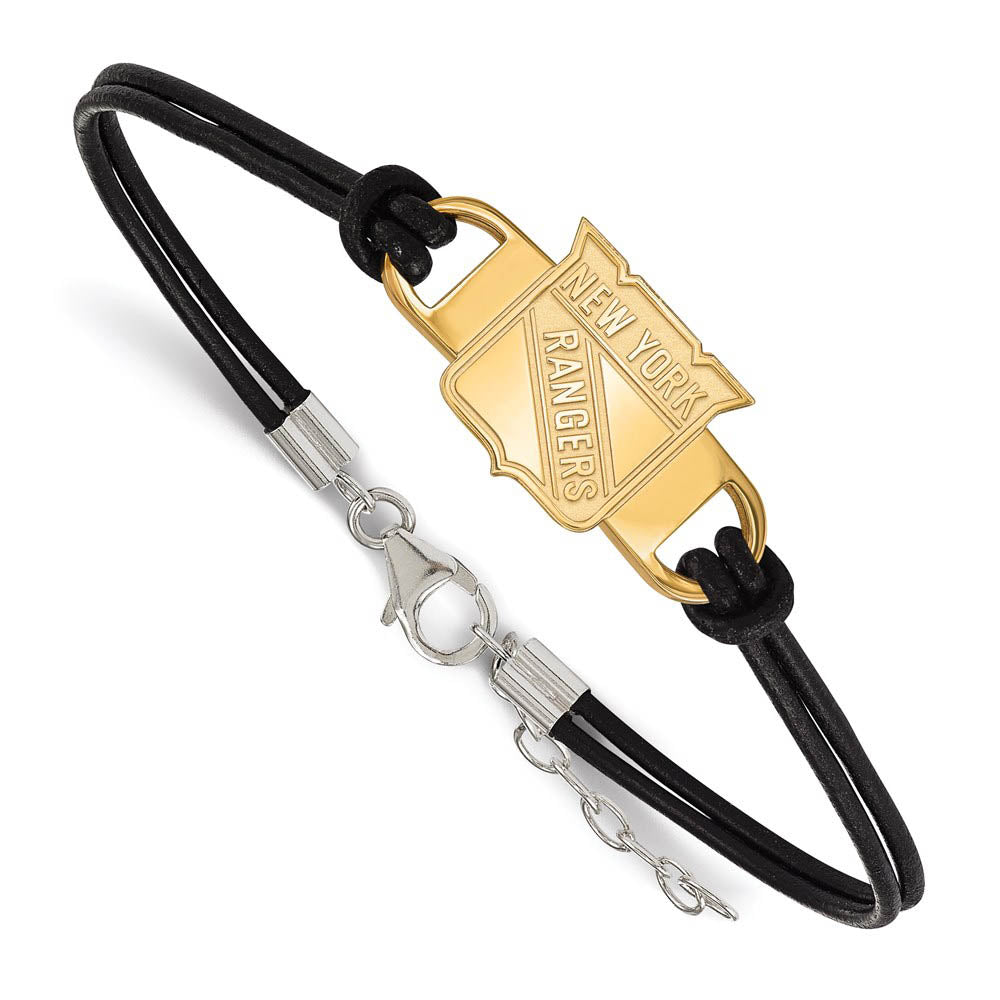 SS 14k Yellow Gold Plated & Leather NHL New York Rangers Adj. Bracelet, Item B15810 by The Black Bow Jewelry Co.