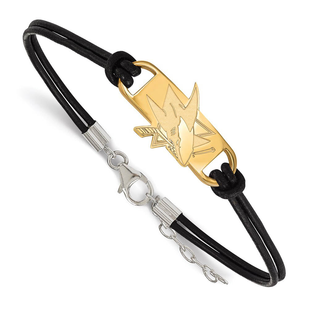 SS 14k Yellow Gold Plated & Leather NHL San Jose Sharks Adj. Bracelet, Item B15811 by The Black Bow Jewelry Co.