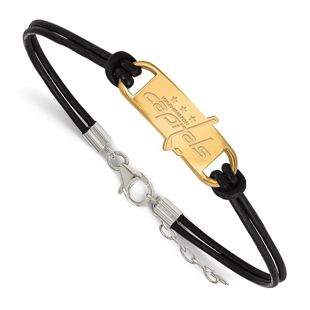 SS 14k Yellow Gold Plated & Leather NHL Capitals Adjustable Bracelet, Item B15813 by The Black Bow Jewelry Co.