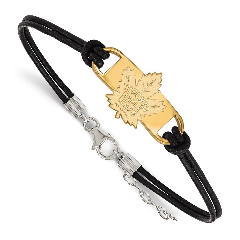 SS 14k Yellow Gold Plated & Leather NHL Maple Leafs Adj. Bracelet, Item B15814 by The Black Bow Jewelry Co.