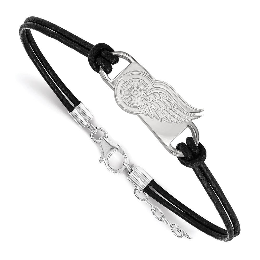 Sterling Silver & Leather NHL Red Wings Adj. Bracelet, Item B15829 by The Black Bow Jewelry Co.