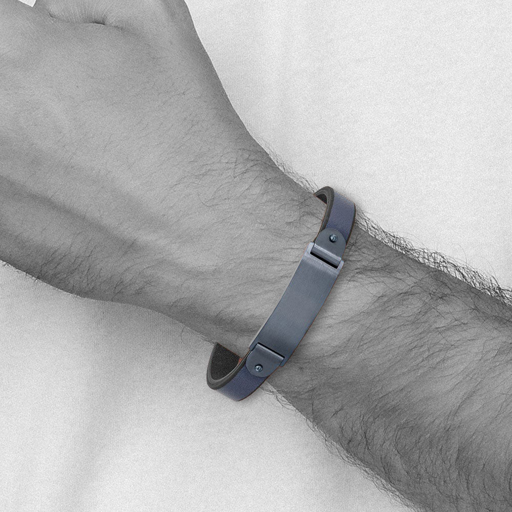 Alternate view of the 10mm Grey Plated Stainless Steel &amp; Blue Leather I.D. Bracelet 8.5 In by The Black Bow Jewelry Co.
