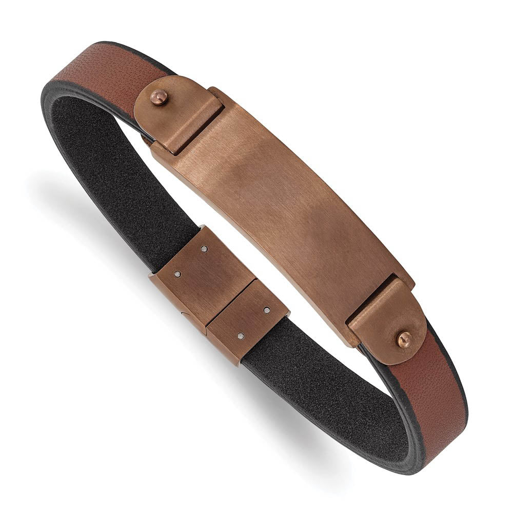 Alternate view of the 10mm Color Plated Stainless Steel & Leather I.D. Bracelet, 8.5 Inch by The Black Bow Jewelry Co.