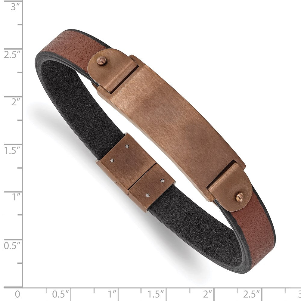 Alternate view of the 10mm Brown Plated Stainless Steel &amp; Brown Leather I.D. Bracelet 8.5 In by The Black Bow Jewelry Co.