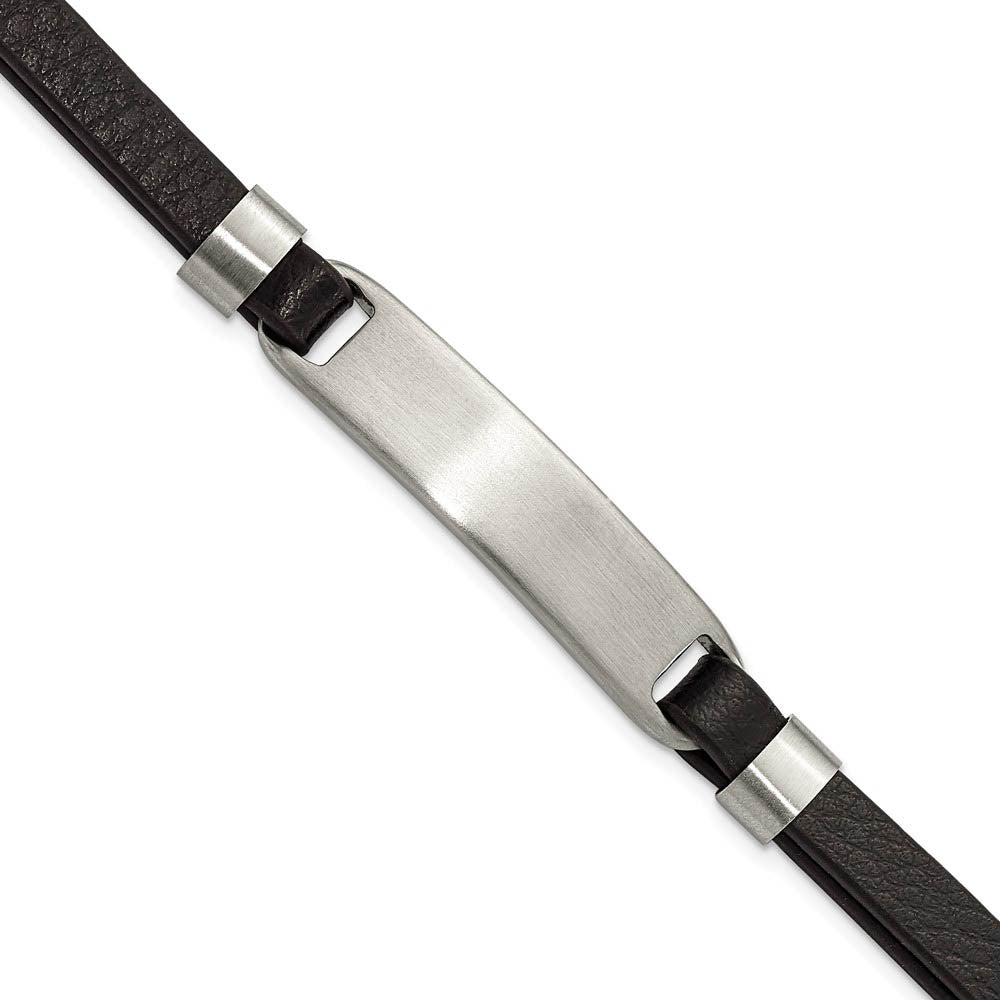 Brushed Stainless Steel Black Leather Adjustable I.D. Bracelet, 8 Inch, Item B18549-BLK by The Black Bow Jewelry Co.
