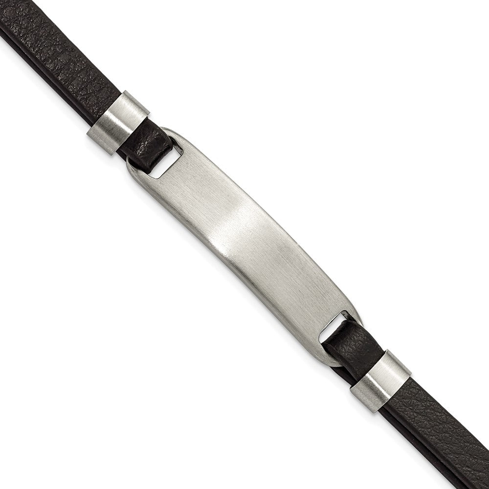 Brushed Stainless Steel Black Leather Adjustable I.D. Bracelet, 8 Inch, Item B18549-BLK by The Black Bow Jewelry Co.