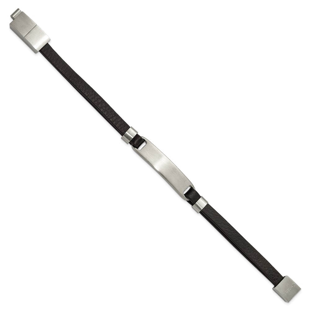 Alternate view of the Brushed Stainless Steel Black Leather Adjustable I.D. Bracelet, 8 Inch by The Black Bow Jewelry Co.