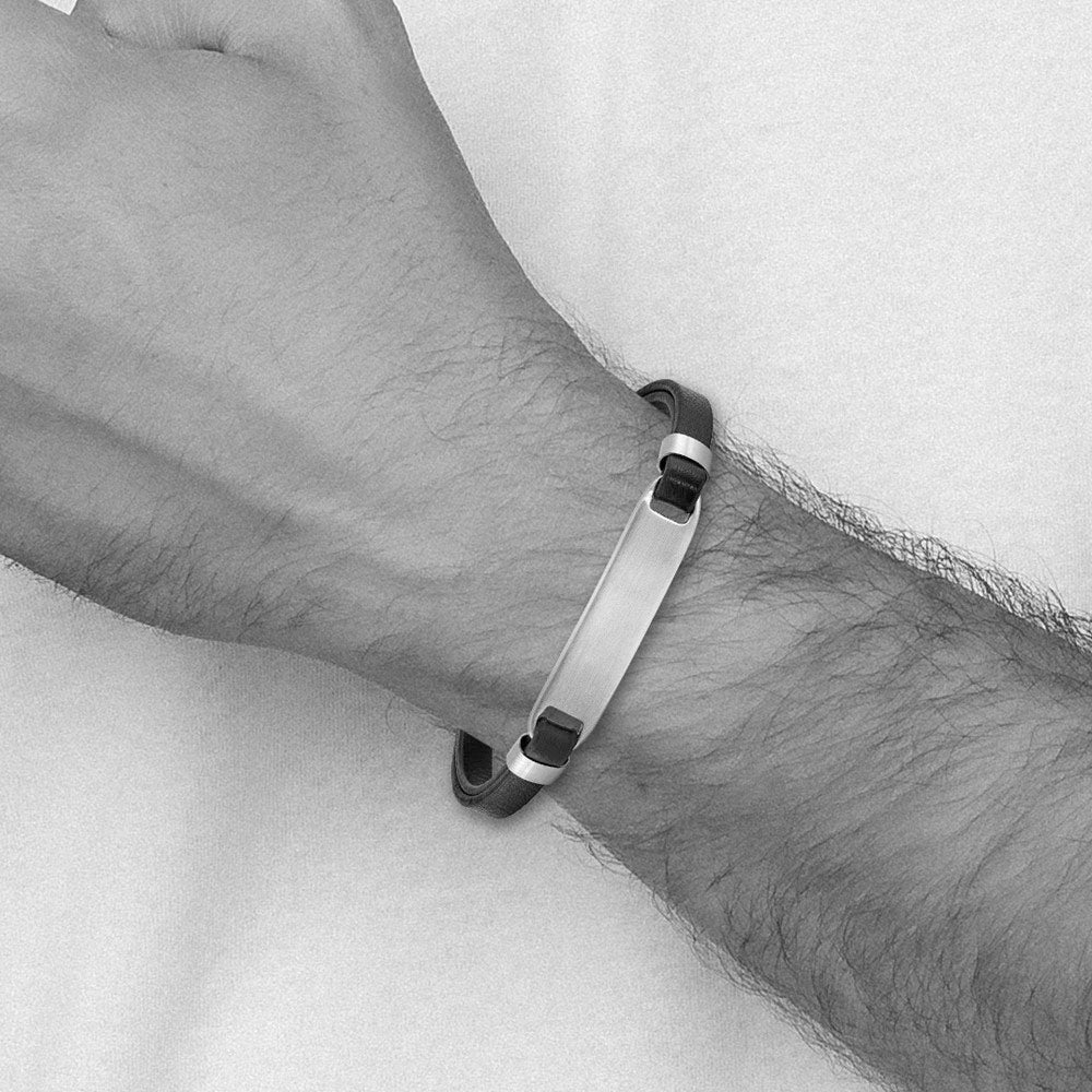 Alternate view of the Brushed Stainless Steel Black Leather Adjustable I.D. Bracelet, 8 Inch by The Black Bow Jewelry Co.