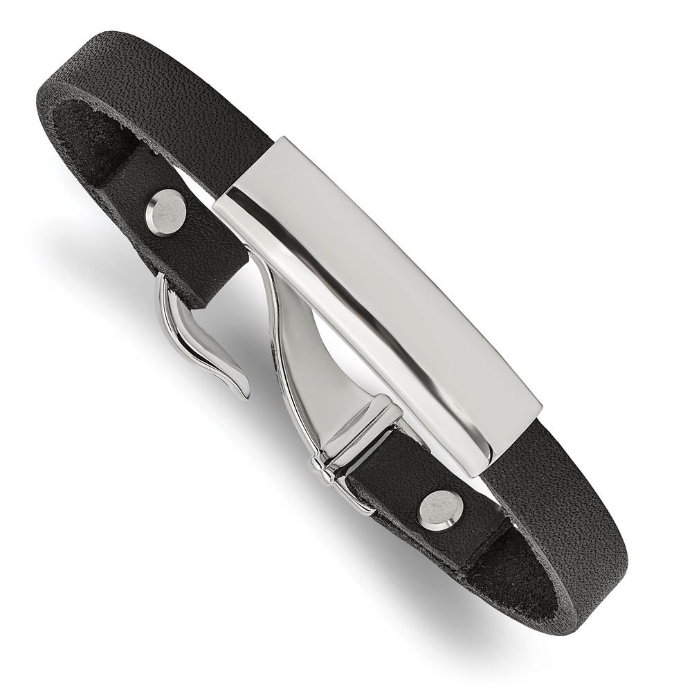 Stainless Steel & Black Leather Hook Clasp I.D. Bracelet, 8.5 Inch, Item B18550-BLK by The Black Bow Jewelry Co.