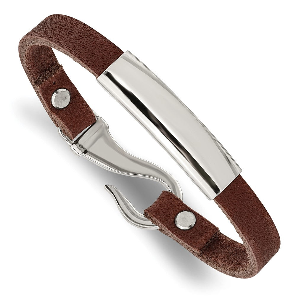 Alternate view of the Stainless Steel Black or Brown Leather Hook Clasp I.D. Bracelet, 8.5in by The Black Bow Jewelry Co.