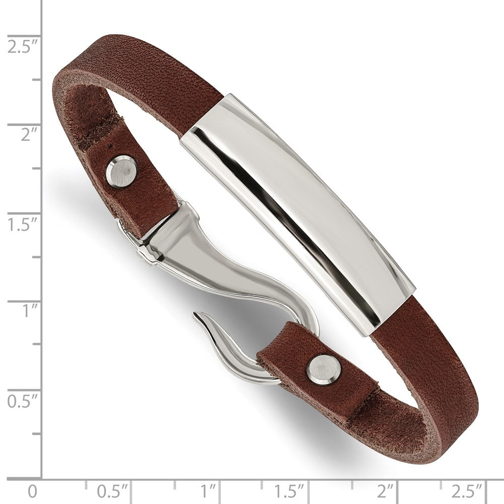 Alternate view of the Stainless Steel &amp; Brown Leather Hook Clasp I.D. Bracelet, 8.5 Inch by The Black Bow Jewelry Co.