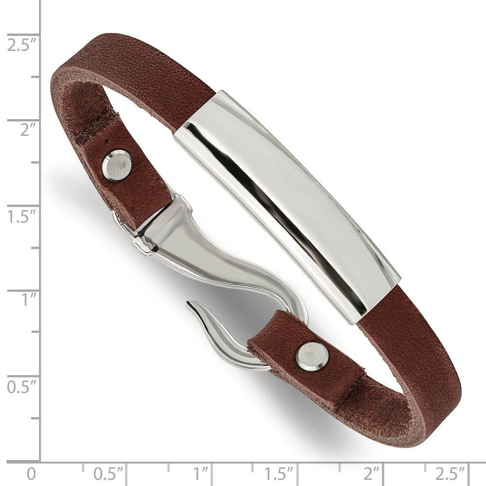 Alternate view of the Stainless Steel & Brown Leather Hook Clasp I.D. Bracelet, 8.5 Inch by The Black Bow Jewelry Co.
