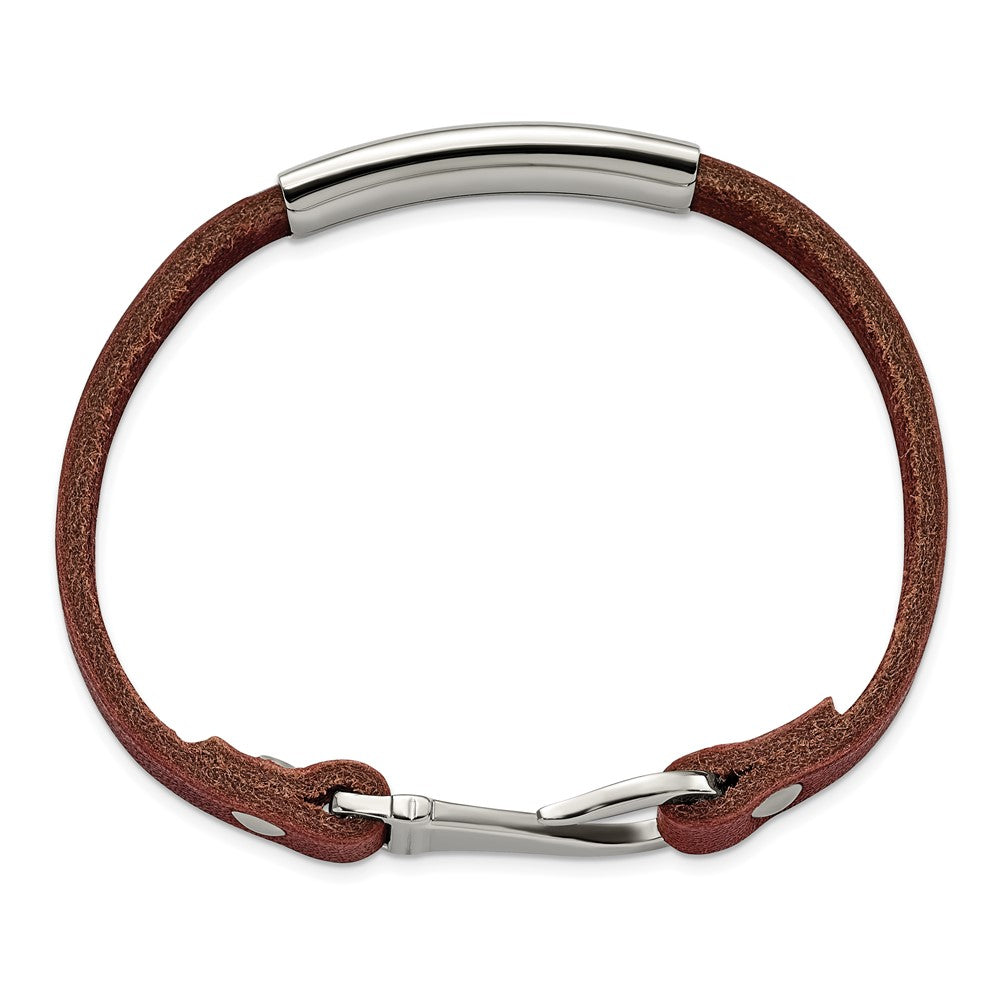 Alternate view of the Stainless Steel &amp; Brown Leather Hook Clasp I.D. Bracelet, 8.5 Inch by The Black Bow Jewelry Co.