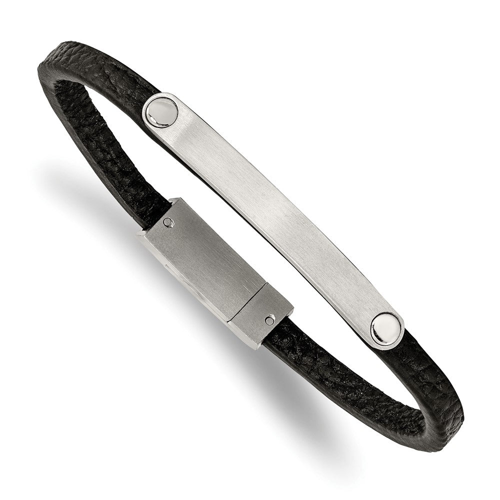Brushed Stainless Steel &amp; Black Leather I.D. Bracelet, 8.25 Inch, Item B18551-BLK by The Black Bow Jewelry Co.