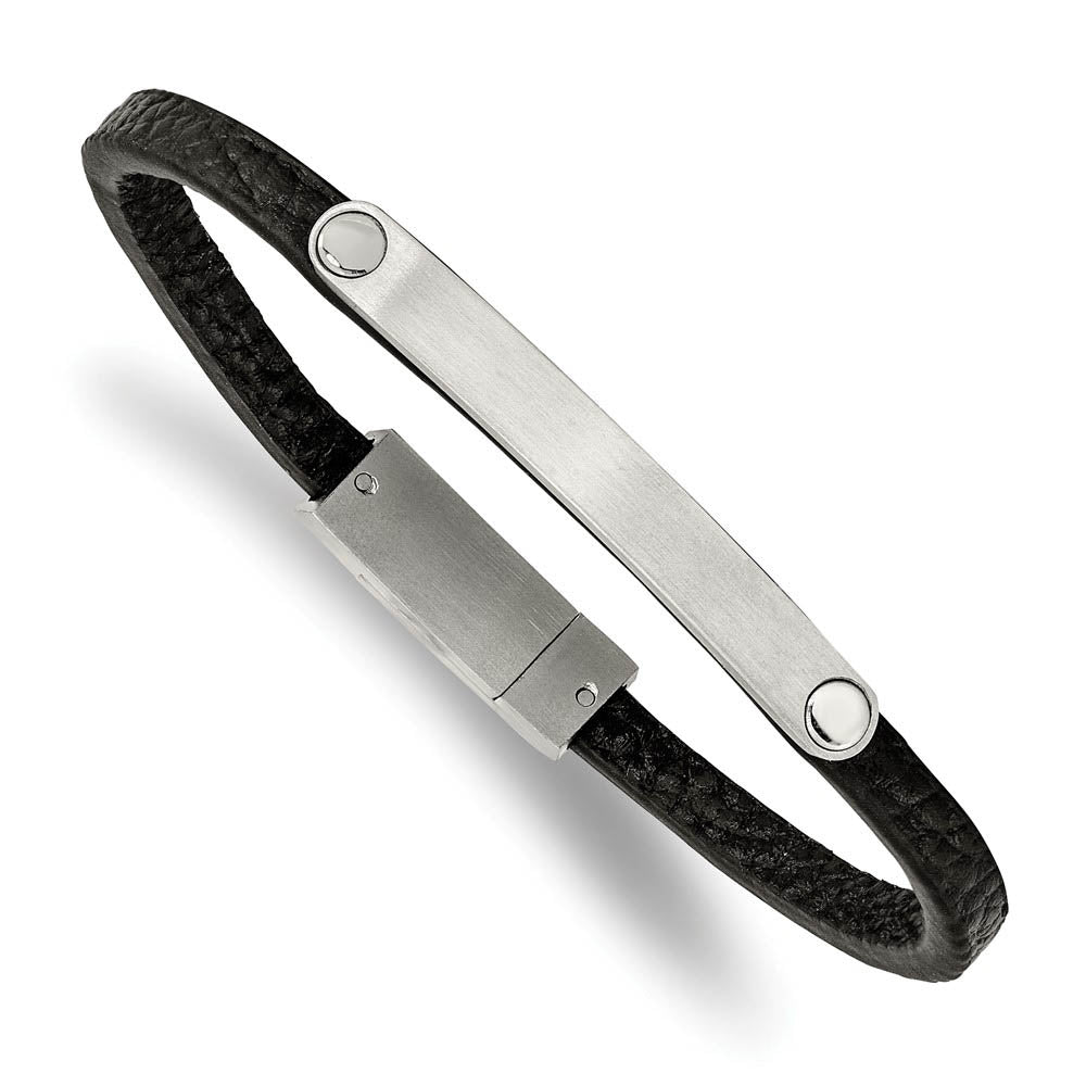 Brushed Stainless Steel & Black Leather I.D. Bracelet, 8.25 Inch, Item B18551-BLK by The Black Bow Jewelry Co.