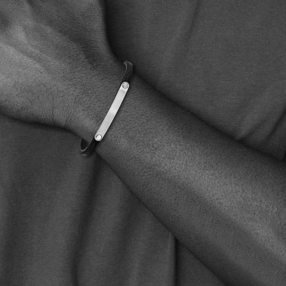 Alternate view of the Brushed Stainless Steel & Black Leather I.D. Bracelet, 8.25 Inch by The Black Bow Jewelry Co.