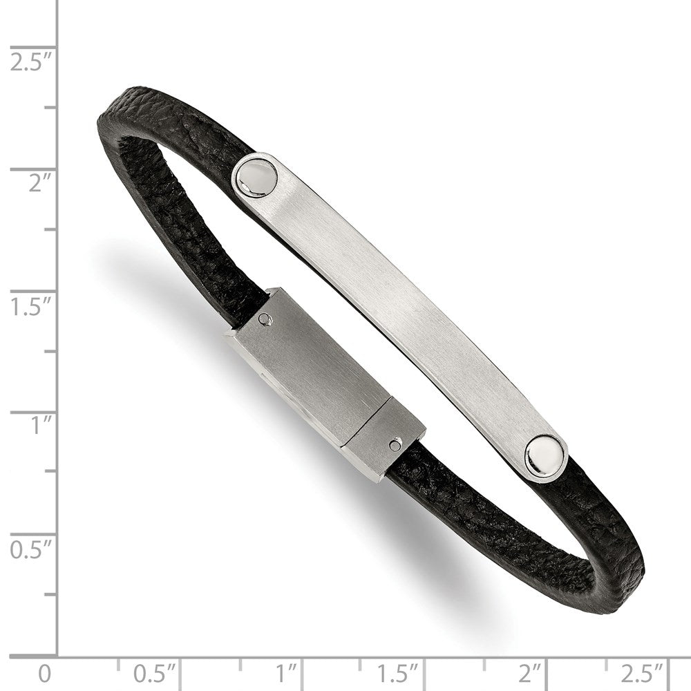 Alternate view of the Brushed Stainless Steel &amp; Black Leather I.D. Bracelet, 8.25 Inch by The Black Bow Jewelry Co.