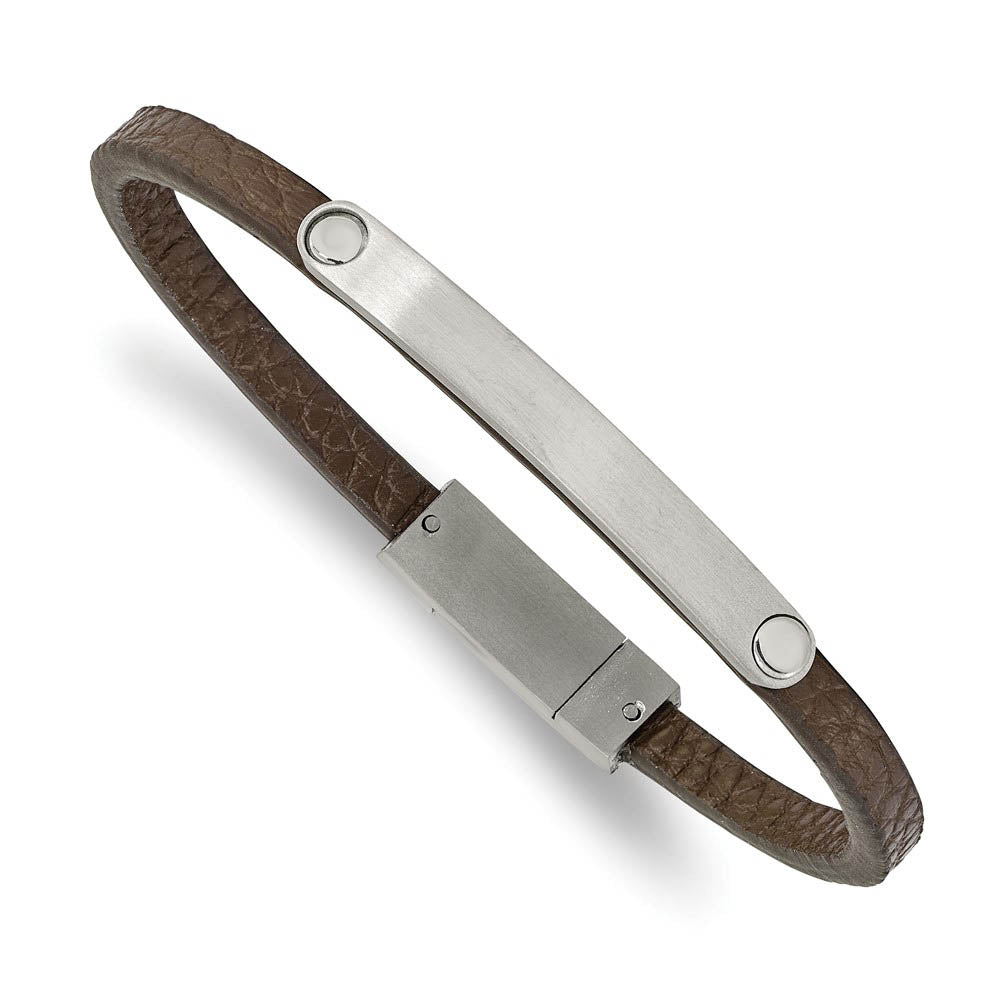 Brushed Stainless Steel & Brown Leather I.D. Bracelet, 8.25 Inch, Item B18551-BRN by The Black Bow Jewelry Co.