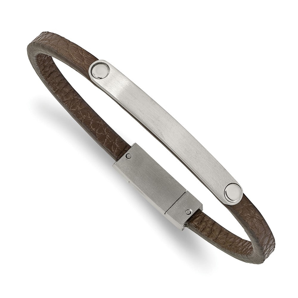 Alternate view of the Brushed Stainless Steel, Black or Brown Leather I.D. Bracelet, 8.25 In by The Black Bow Jewelry Co.