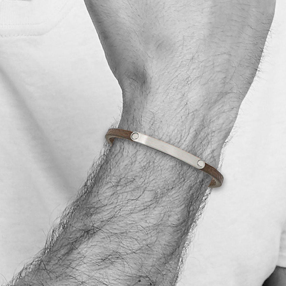 Alternate view of the Brushed Stainless Steel &amp; Brown Leather I.D. Bracelet, 8.25 Inch by The Black Bow Jewelry Co.