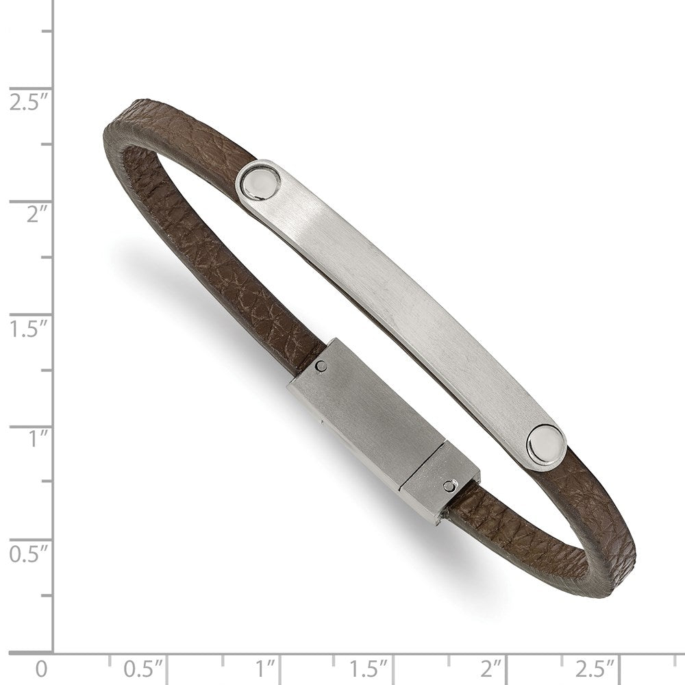 Alternate view of the Brushed Stainless Steel &amp; Brown Leather I.D. Bracelet, 8.25 Inch by The Black Bow Jewelry Co.