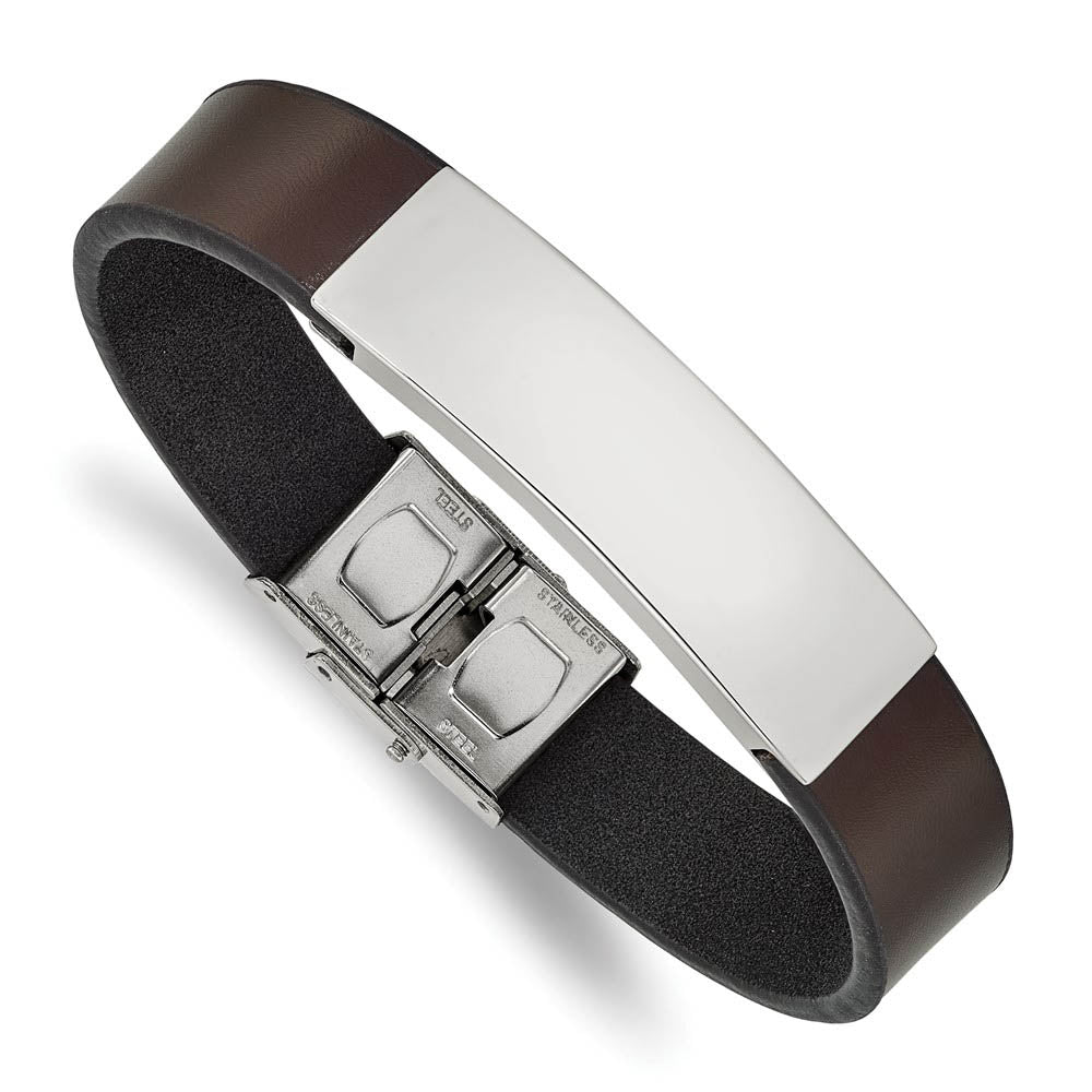 13.5mm Stainless Steel & Dark Brown Leather I.D. Bracelet, 8.25 Inch, Item B18552-BRN by The Black Bow Jewelry Co.