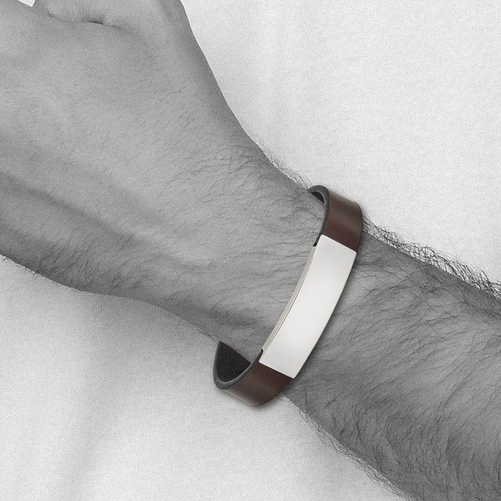 Alternate view of the 13.5mm Stainless Steel & Dark Brown Leather I.D. Bracelet, 8.25 Inch by The Black Bow Jewelry Co.
