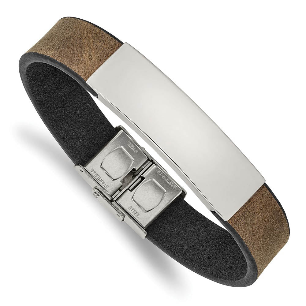 Alternate view of the 13.5mm Stainless Steel & Leather I.D. Bracelet, 8.25 Inch by The Black Bow Jewelry Co.