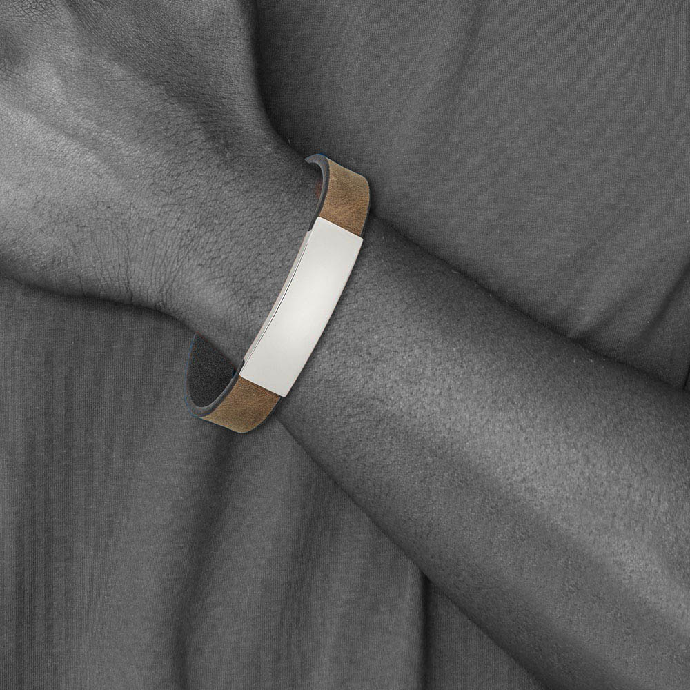 Alternate view of the 13.5mm Stainless Steel Lt. Brown/Black Leather I.D. Bracelet, 8.25 In by The Black Bow Jewelry Co.
